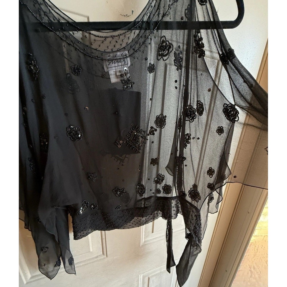 Vintage Stenay Silk Beaded Top Sheer Overlay With Sheer Open Sleeves Elegant - Picture 4 of 16